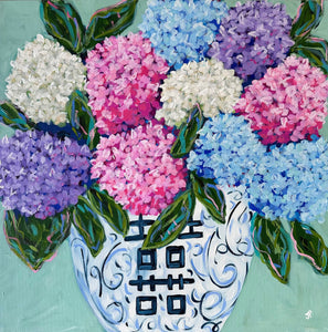 "Her hydrangeas make her happy"- 24x24x1.5 Acrylic on canvas