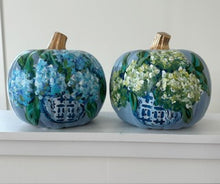 Load image into Gallery viewer, &quot;Medium Blue/Green Hydrangea - 2&quot; hand painted foam pumpkin