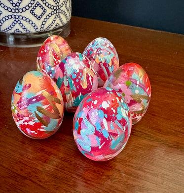 Hand Painted Wooden Easter Egg - Red, orange, magenta, teal