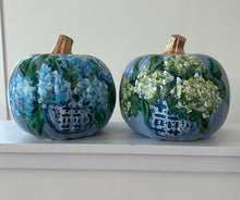 Load image into Gallery viewer, &quot;Medium Blue/Green Hydrangea - 1&quot; hand painted foam pumpkin