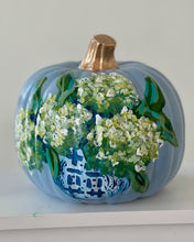 Load image into Gallery viewer, &quot;Medium Blue/Green Hydrangea - 1&quot; hand painted foam pumpkin