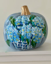 Load image into Gallery viewer, &quot;Medium Blue/Green Hydrangea - 1&quot; hand painted foam pumpkin