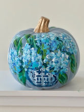 Load image into Gallery viewer, &quot;Medium Blue/Green Hydrangea - 2&quot; hand painted foam pumpkin