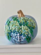 Load image into Gallery viewer, &quot;Medium Blue/Green Hydrangea - 2&quot; hand painted foam pumpkin